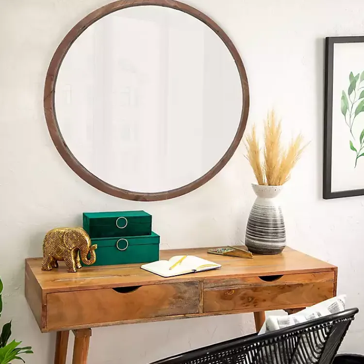 Kirklands Home Decorative Mirrors|Brown Fir Wood Round Wall Mirror
