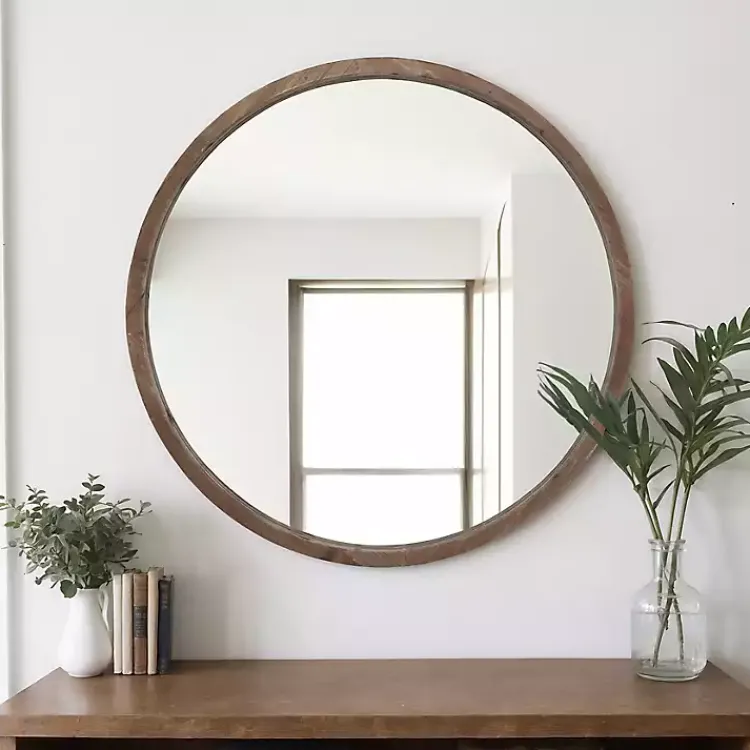 Kirklands Home Decorative Mirrors|Brown Fir Wood Round Wall Mirror