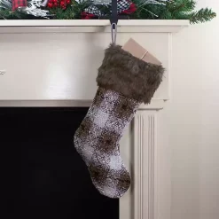 New Brown Knitted Plaid Fur Cuff Stocking Christmas Stockings & Stocking Holders