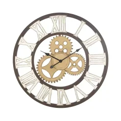 Kirklands Home Clocks|Brown Metal Open Face Gold Gears Wall Clock