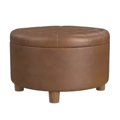 Kirklands Home Benches & Ottomans|Round Faux Leather Tufted Storage Ottoman Brown