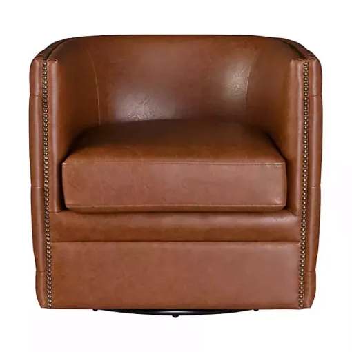 Kirklands Home Accent Chairs|Tufted Faux Leather Barrel Swivel Chair Brown