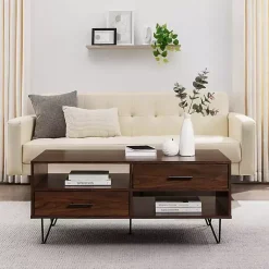 Kirklands Home Coffee Tables|Brown Wood & Black Metal Hairpin Legs Coffee Table