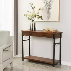 Kirklands Home Console Tables|Brown Wood and Black Metal Ruth Console Table