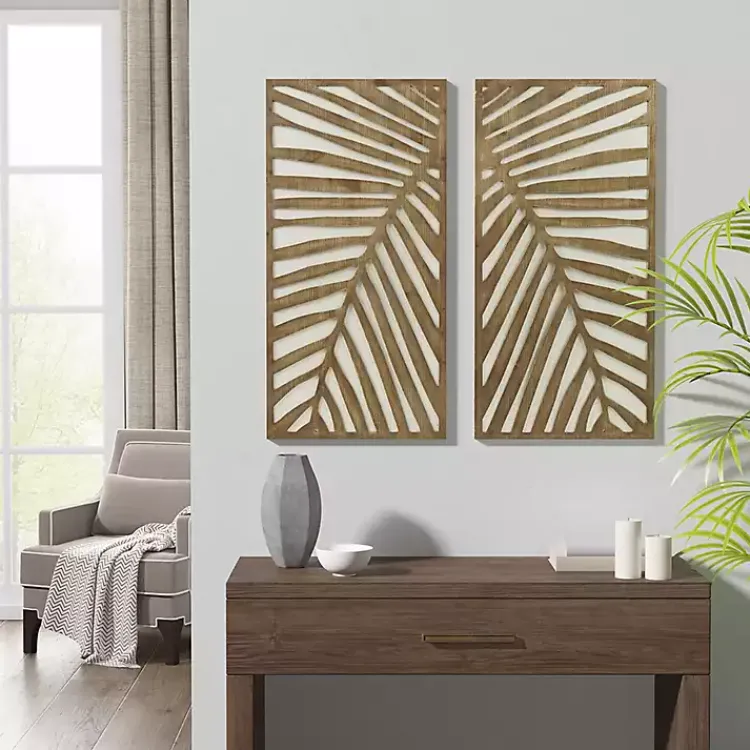 Kirklands Home Wall Plaques|Brown Wood Birch Palms Wall Plaques, Set of 2