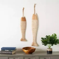 Kirklands Home Wall Plaques|Wood Striped Fish Wall Plaques, Set of 2 Brown
