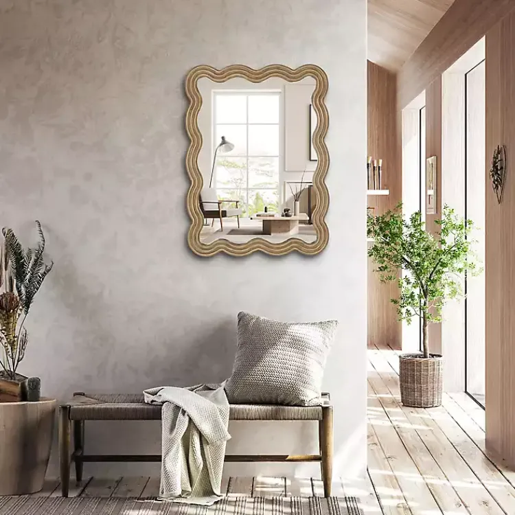 Kirklands Home Decorative Mirrors|Brown Wood Wavy Adria Wall Mirror