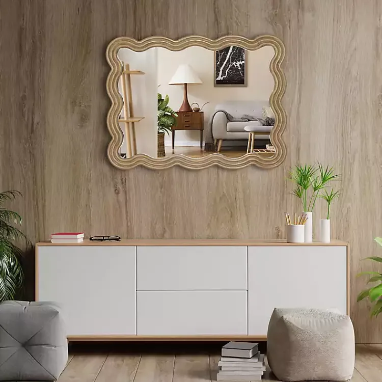 Kirklands Home Decorative Mirrors|Brown Wood Wavy Adria Wall Mirror