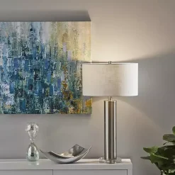 Kirklands Home Table Lamps|Brushed Steel Cylinder Table Lamp White