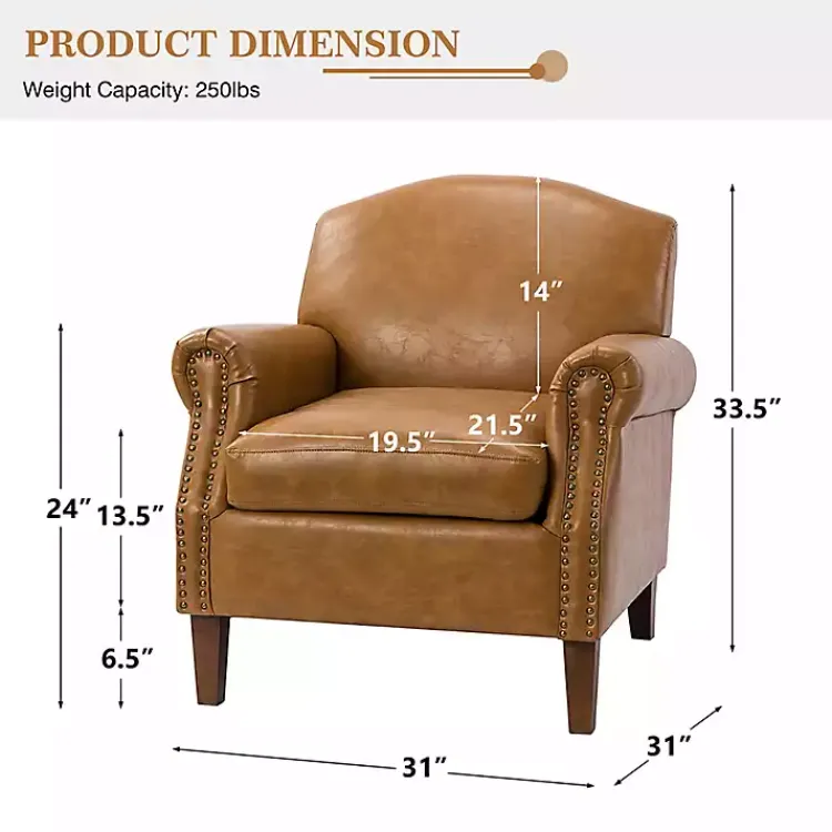 Kirklands Home Accent Chairs|Camel Faux Leather Nailhead Taylor Armchair Tan