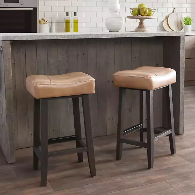 Kirklands Home Bar Stools & Counter Height Stools|Camel Wood and Leather Backless Stool Tan
