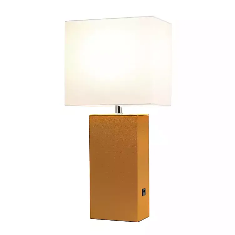 Kirklands Home Table Lamps|Caramel Faux Leather Charging Table Lamp Tan