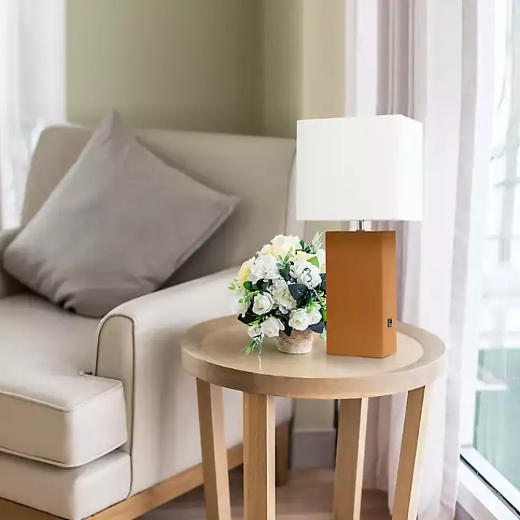 Kirklands Home Table Lamps|Caramel Faux Leather Charging Table Lamp Tan