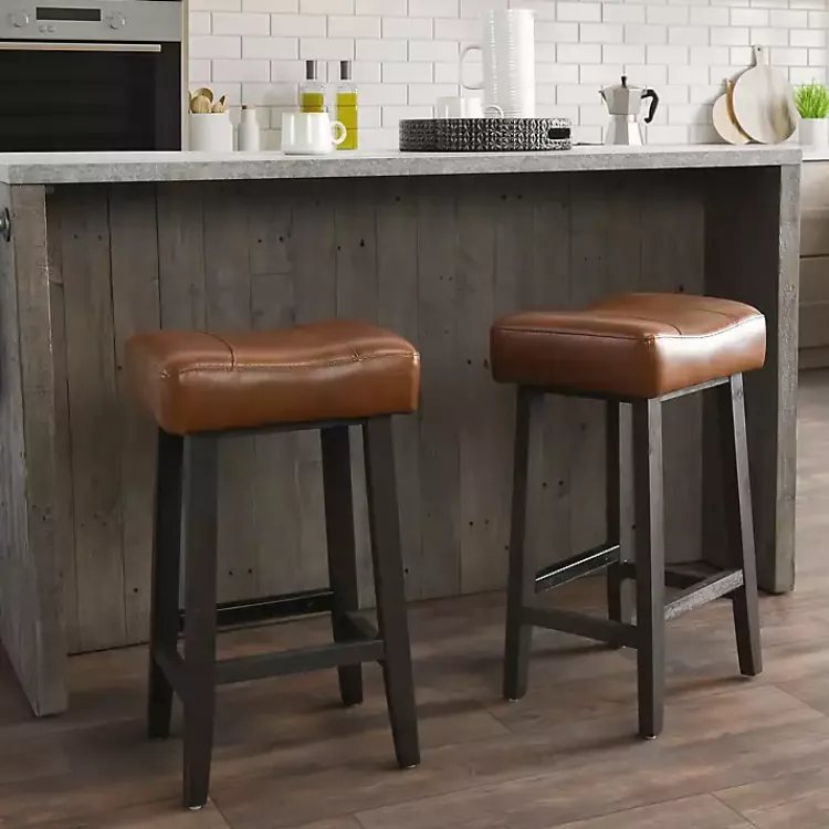 Kirklands Home Bar Stools & Counter Height Stools|Caramel Wood and Faux Leather Backless Stool Brown