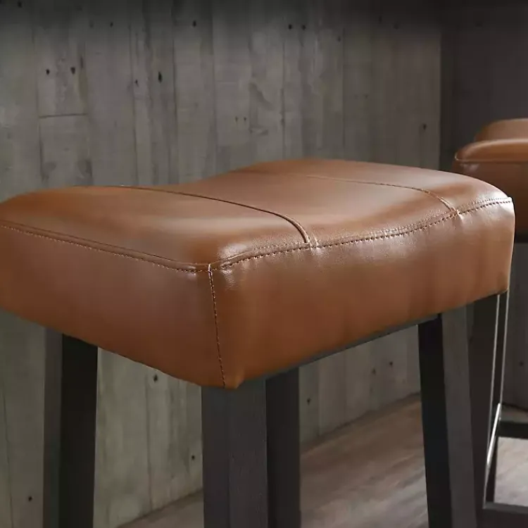 Kirklands Home Bar Stools & Counter Height Stools|Caramel Wood and Faux Leather Backless Stool Brown