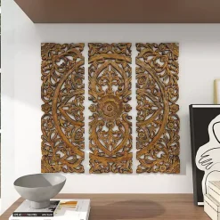 Kirklands Home Wall Plaques|Carved Mahogany 3-pc. Triptych Wall Panels Gold