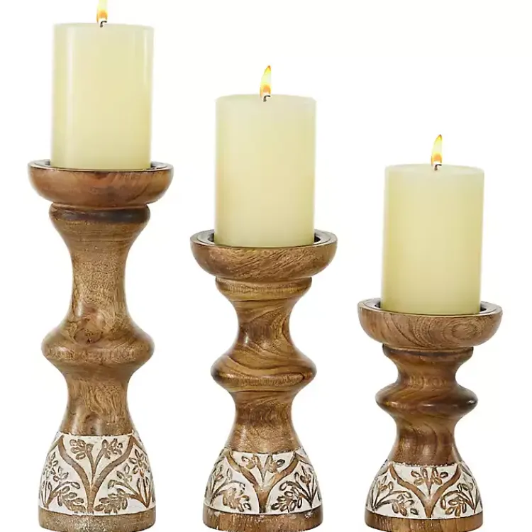 Best Carved Mango Wood Pillar Candle Holders, Set of 3 Candle Holders