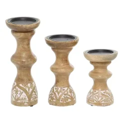Best Carved Mango Wood Pillar Candle Holders, Set of 3 Candle Holders