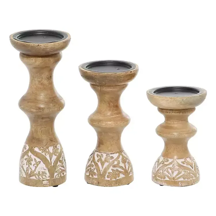 Best Carved Mango Wood Pillar Candle Holders, Set of 3 Candle Holders