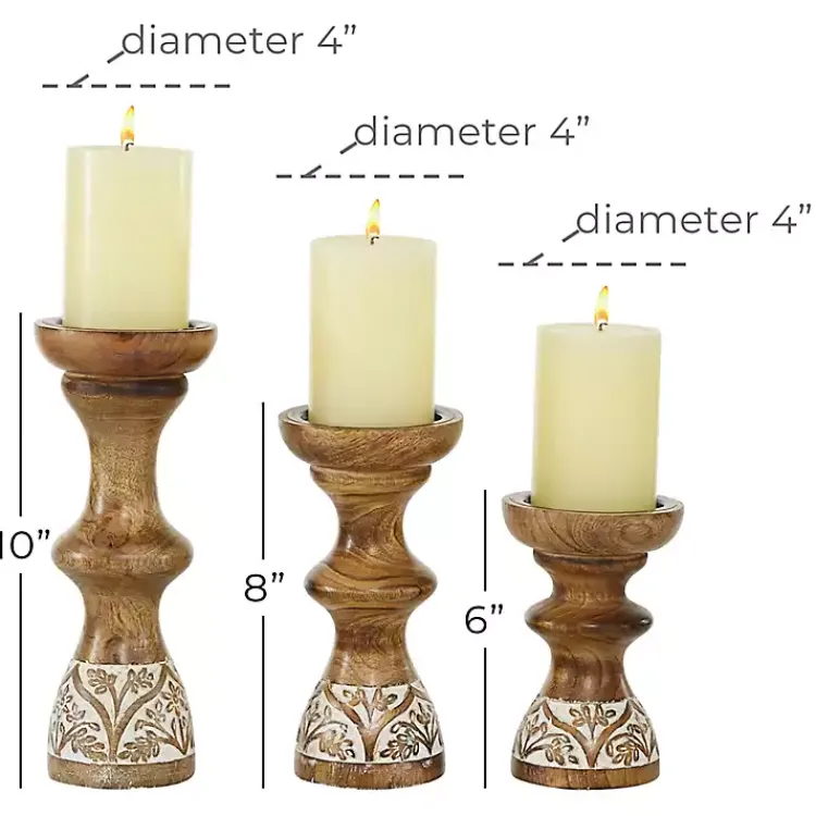Best Carved Mango Wood Pillar Candle Holders, Set of 3 Candle Holders