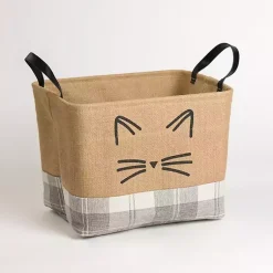 Cat Whiskers Gray Plaid Leather Handle Jute Bin Baskets & Boxes