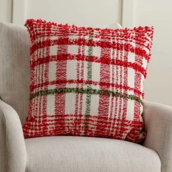 Outlet Chenille Red and Green Plaid Christmas Pillow Christmas Pillows