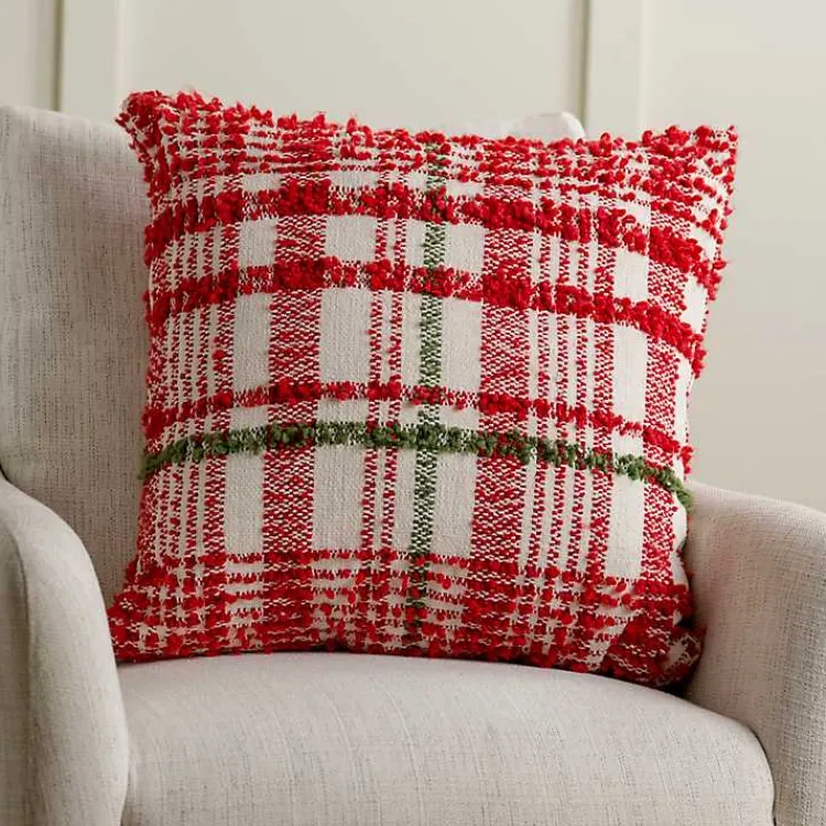 Outlet Chenille Red and Green Plaid Christmas Pillow Christmas Pillows