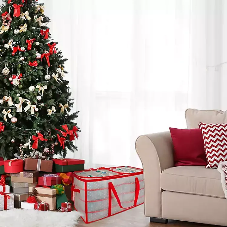 Sale Clear and Red Zip 128-pc. Ornament Storage Box Seasonal Storage