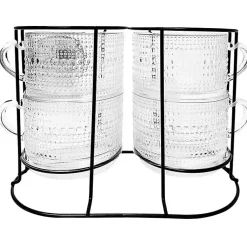 Kirklands Home Glassware & Drinkware|Hobnail Mugs with Rack 5-pc. Set Clear