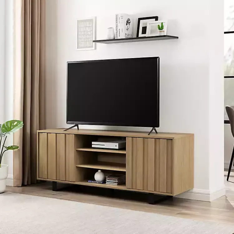 Kirklands Home Tv Stands & Media Consoles|Coastal Oak Grooved Media Cabinet Tan