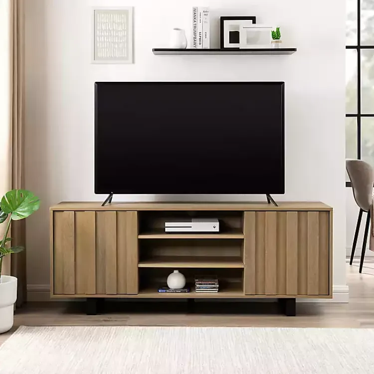 Kirklands Home Tv Stands & Media Consoles|Coastal Oak Grooved Media Cabinet Tan