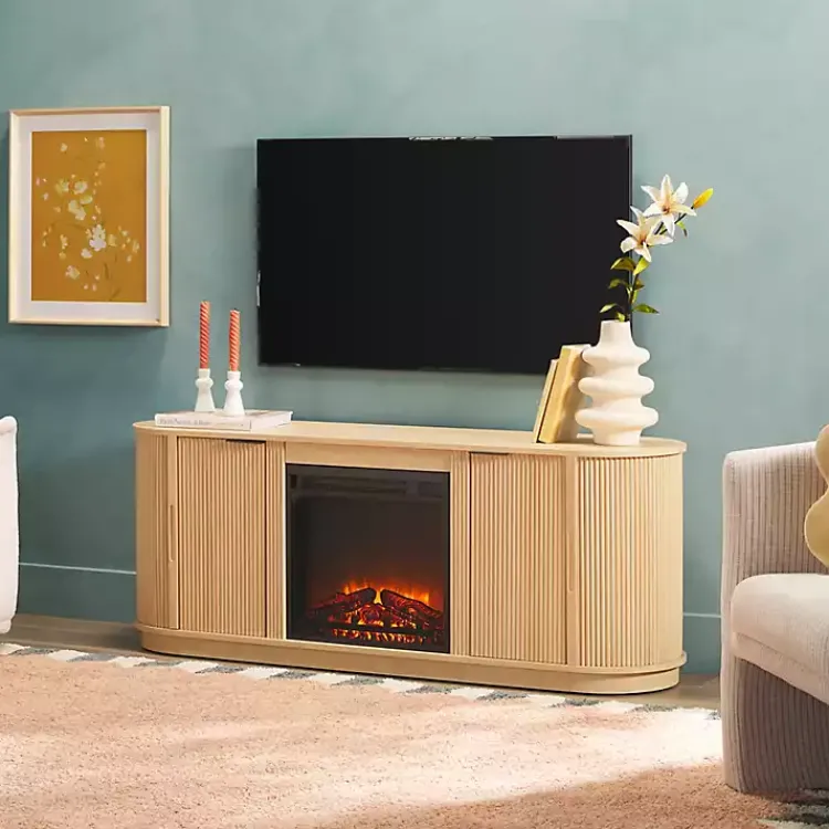 Kirklands Home Tv Stands & Media Consoles|Coastal Oak Reeded Fireplace Media Cabinet Tan
