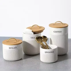 Kirklands Home Kitchen Storage|Coffee Ribbed Ceramic Canister Ivory