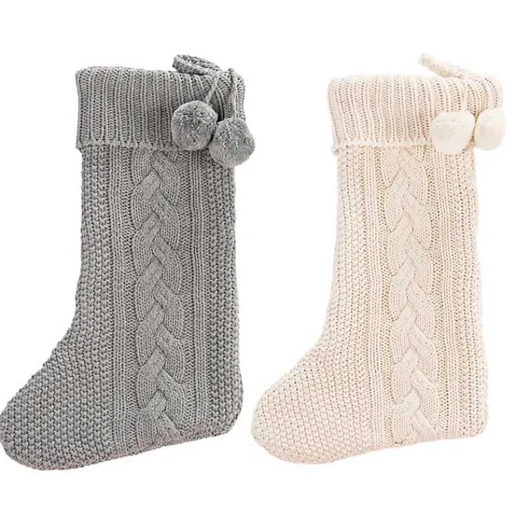 Cream and Gray Cable Knit Stockings, Set of 2 Christmas Stockings & Stocking Holders