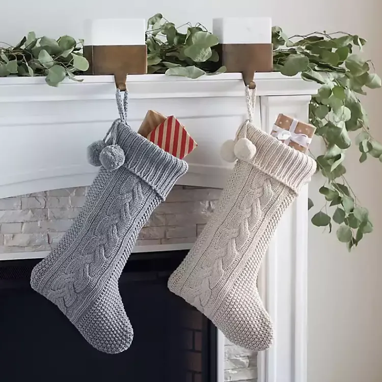 Cream and Gray Cable Knit Stockings, Set of 2 Christmas Stockings & Stocking Holders