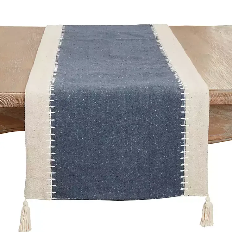 Kirklands Home Table Linens|Cream and Navy Whipstitch Border Table Runner Blue