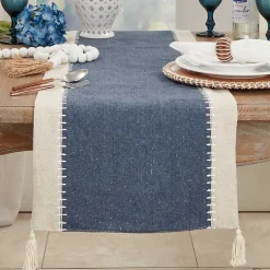 Kirklands Home Table Linens|Cream and Navy Whipstitch Border Table Runner Blue