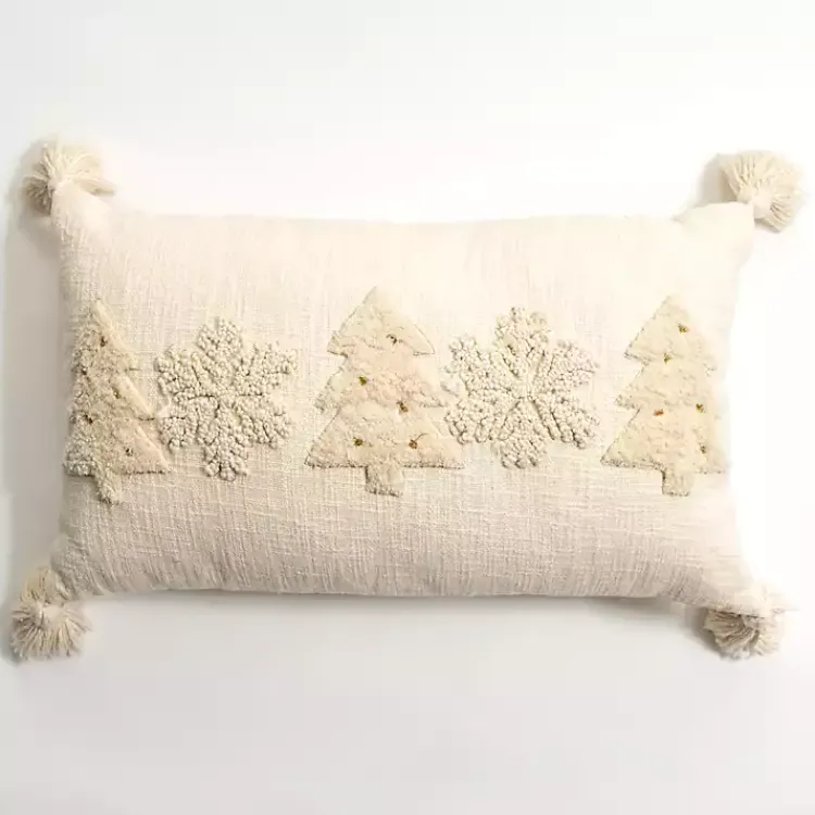 Clearance Cream Embroidered Trees Lumbar Pillow Christmas Pillows