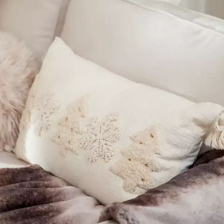 Clearance Cream Embroidered Trees Lumbar Pillow Christmas Pillows