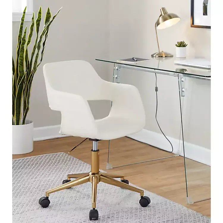 Kirklands Home Office Furniture|Cream Faux Leather & Gold Marshall Office Chair White