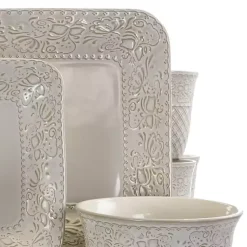 Kirklands Home Dinnerware|Cream Lotus Pattern 16-pc. Square Dinnerware Set Ivory