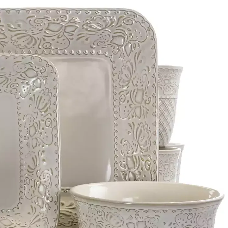 Kirklands Home Dinnerware|Cream Lotus Pattern 16-pc. Square Dinnerware Set Ivory
