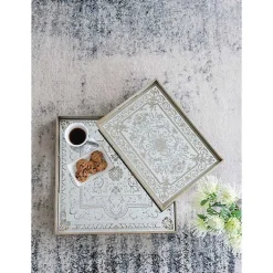 Clearance Cream Moroccan Pattern Tray with Gold Edges Decorative Trays