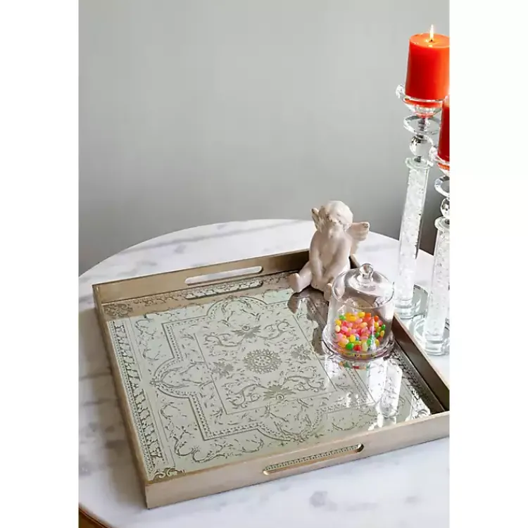 Clearance Cream Moroccan Pattern Tray with Gold Edges Decorative Trays