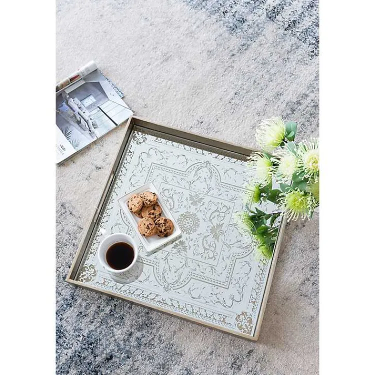 Clearance Cream Moroccan Pattern Tray with Gold Edges Decorative Trays