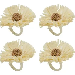 Kirklands Home Table Linens|Cream Raffia Flower Napkin Rings, Set of 4 Ivory