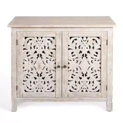 Kirklands Home Cabinets & Sideboards|Cream Washed Wood Carved Door Cabinet Tan