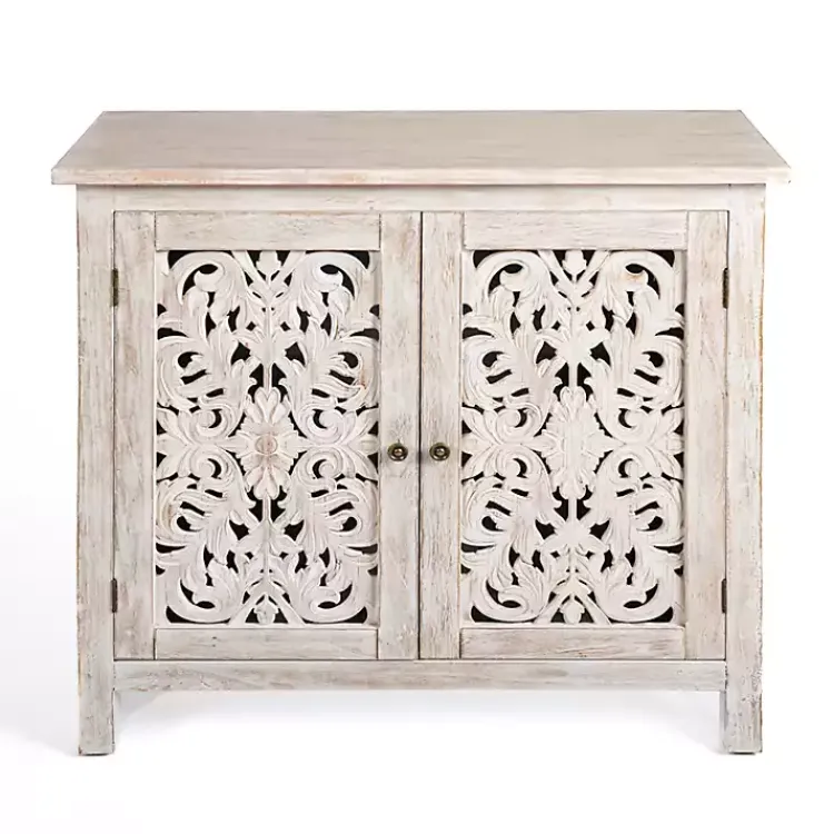 Kirklands Home Cabinets & Sideboards|Cream Washed Wood Carved Door Cabinet Tan