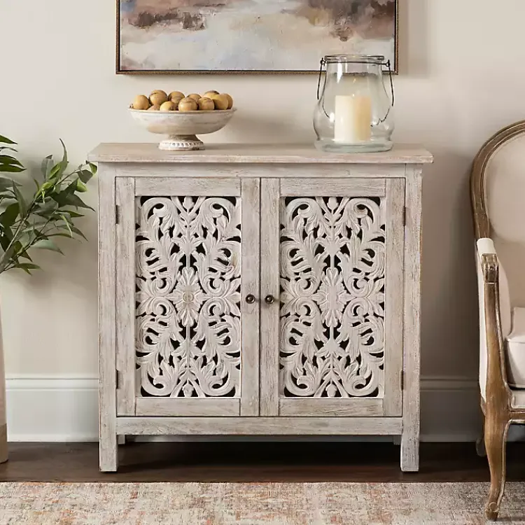 Kirklands Home Cabinets & Sideboards|Cream Washed Wood Carved Door Cabinet Tan