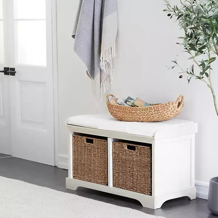 Kirklands Home Entryway Furniture|Cream Wood Bench with Storage Baskets White